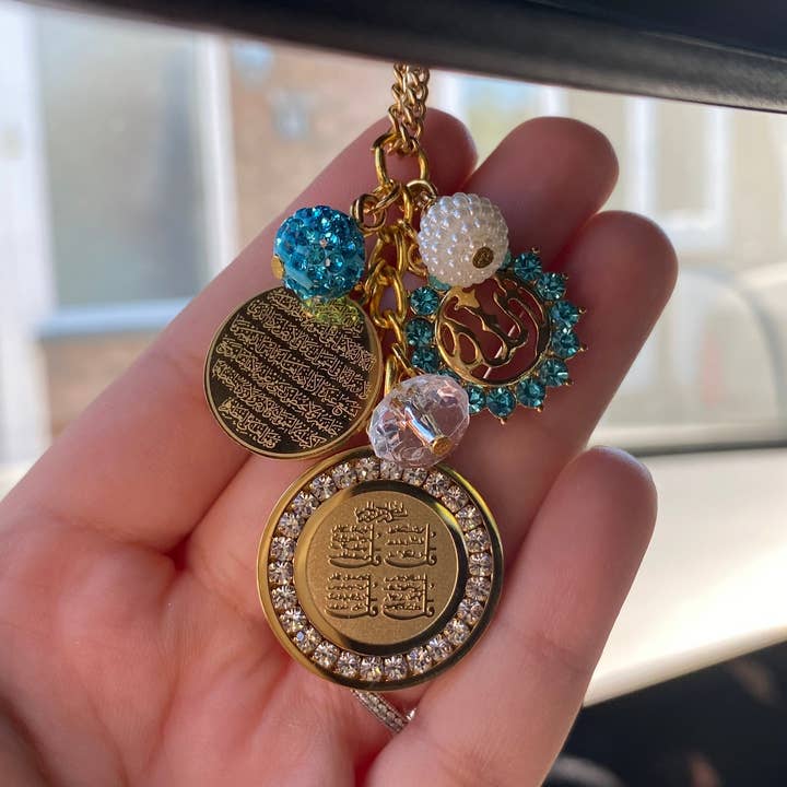 Gold Blue Car Mirror Ayatul Kursi, Allah, 4Qul Charm, Protection, New Driver Gift for wholesale by Just For Bubba