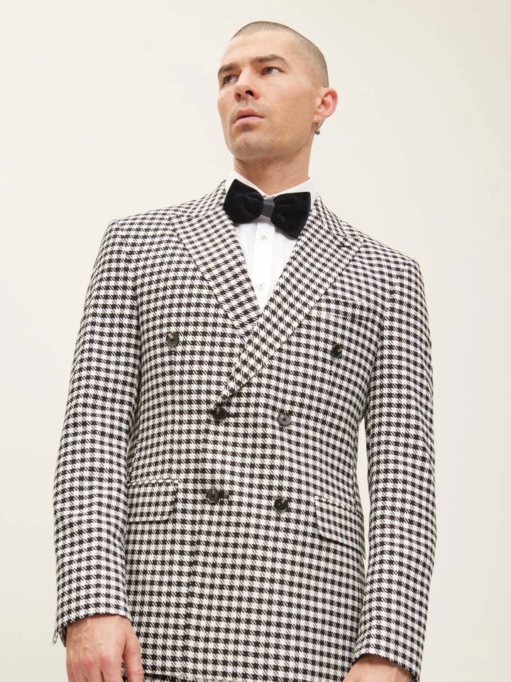 Costume pour homme à double boutonnage motif pied-de-poule avec pantalon assorti pour la vente par Ron Tomson