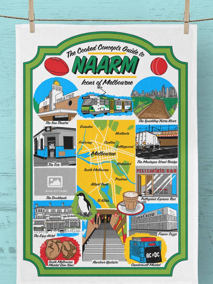 Icons of Naarm (Melbourne) Tea Towel for wholesale by Cooked Concepts