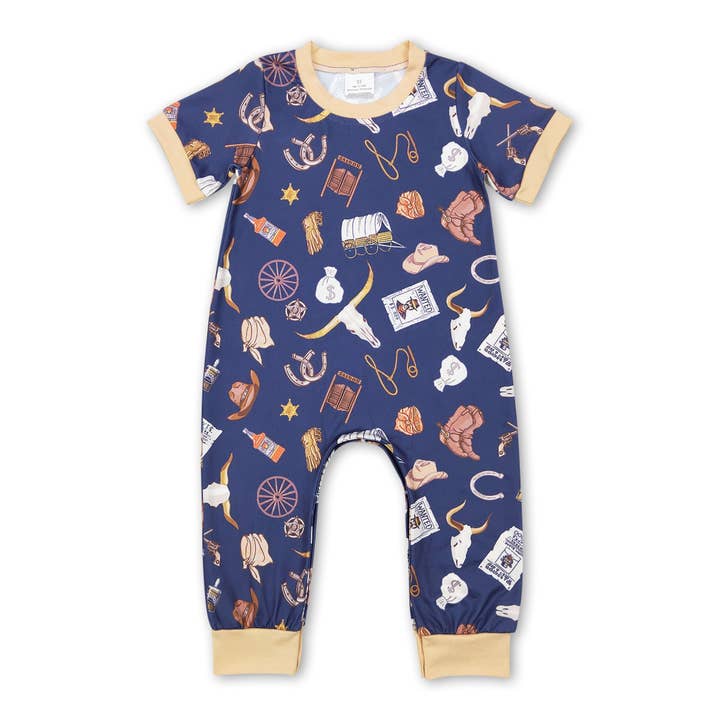 Short sleeves boots bull skull baby boy western romper for wholesale by Yawoo Garments