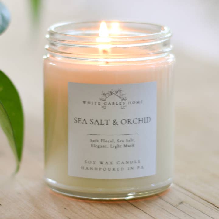 Sea Salt & Orchid Handpoured 8 oz. Soy Candle | Made in USA for wholesale by White Gables Home By Aimee Weaver Designs
