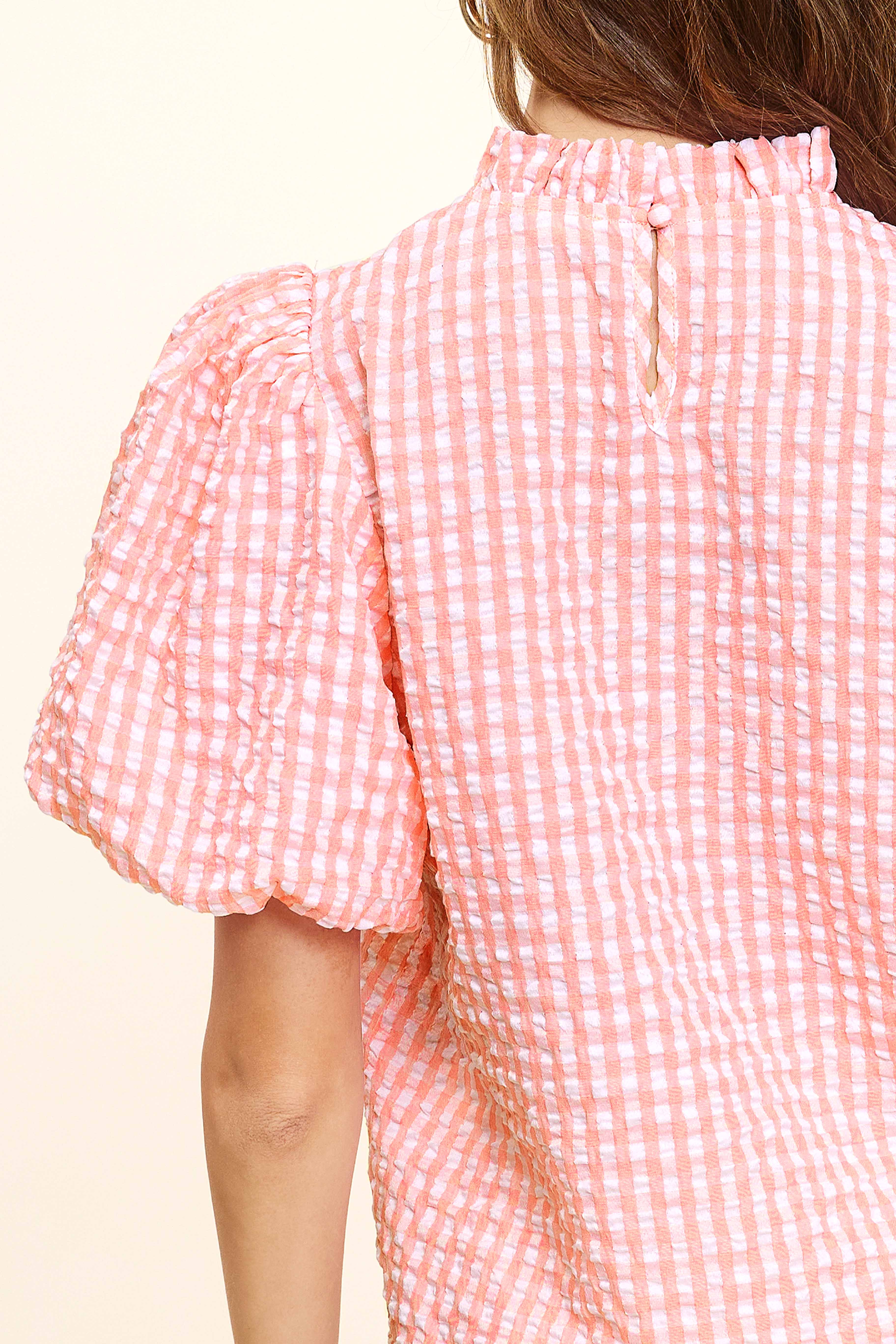 La Miel - Wholesale Blouse - Women's - HCT7697-Gingham Check Print Lovely Puff Short Sleeve Top6