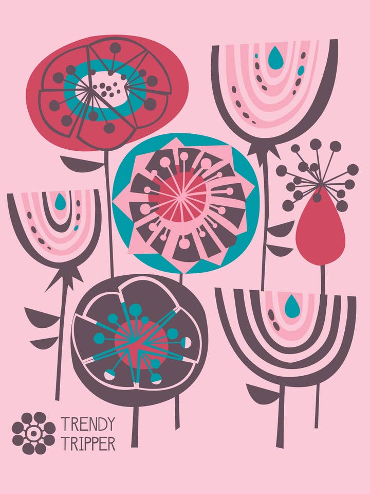 ABSTRACT Flower Pop Red/Pink on Pink Swedish Dishcloth for wholesale by Trendy Tripper