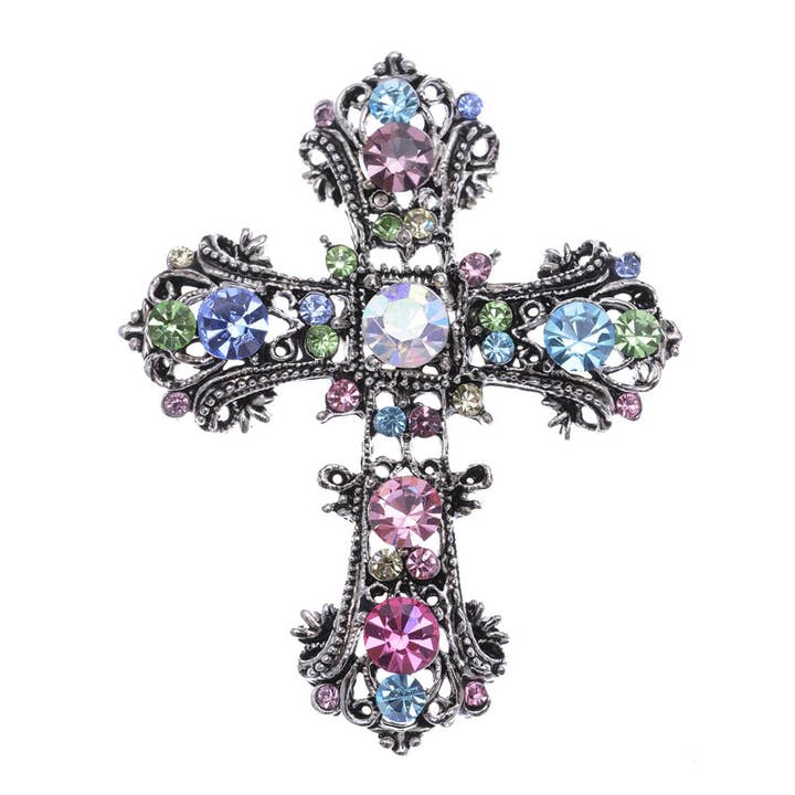 Antique Multi Colorful Holy Cross Brooch Pin for wholesale by AK Brand