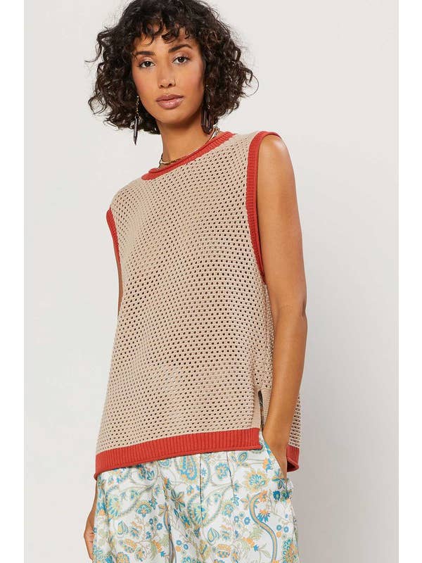 Sand Slvless Open Knit Sweater W/ Contrast Accents for wholesale on Faire