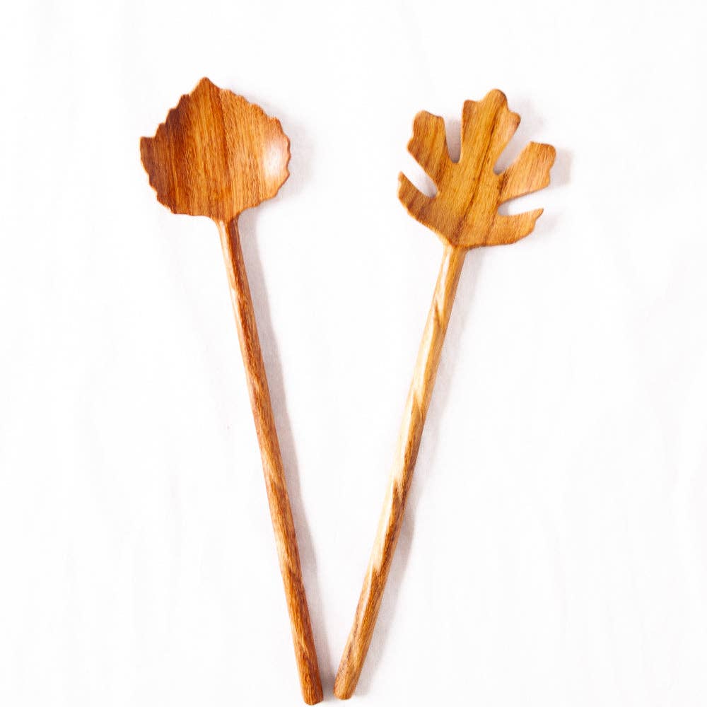 Vesper & Vine - Vendita all'ingrosso Utensile da cucina - Posate per Insalata in Legno Intagliate a Mano a Forma di Foglia3