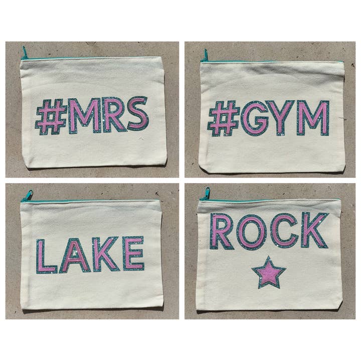 Zip Canvas Lake Gems Rockstar Mrs Gym Travel Cosmetic Bag for wholesale by Dilworth Road