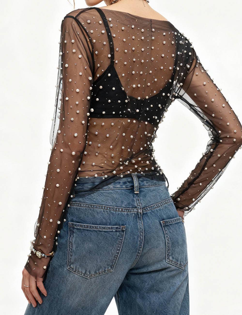 Sweetkama - Wholesale Blouse – Women’s - Pearl Rhinestone Studded See Through Mesh Crop Top SKT19761