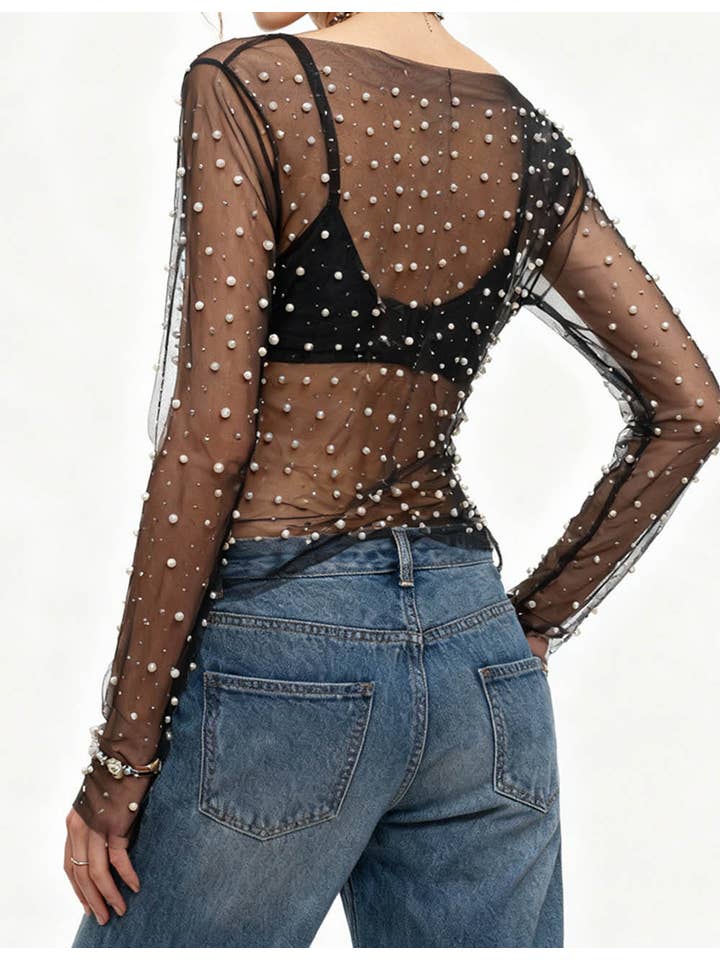 Sweetkama - Wholesale Blouse - Women's - Pearl Rhinestone Studded See Through Mesh Crop Top SKT19761