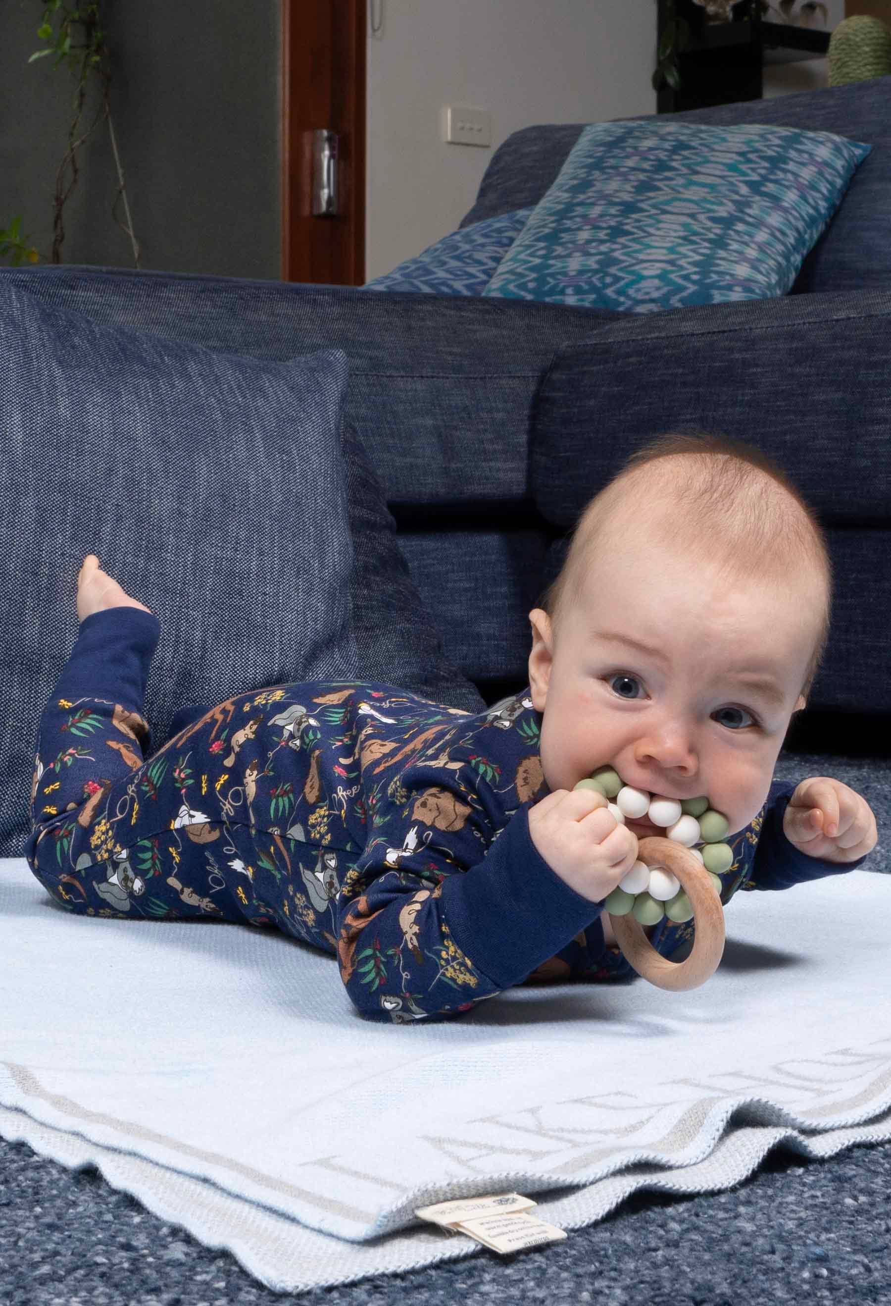 100% Organic Cotton 2-Way Zip Baby Sleepsuit with Foldable Mitts - Navy Native Aussie Animals for wholesale on Faire6