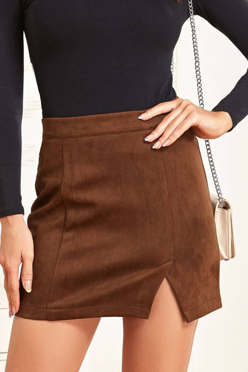 Lily Clothing - Wholesale Skirt - Women's - Suede wrap hip high waist zipper A-line solid color skirt12