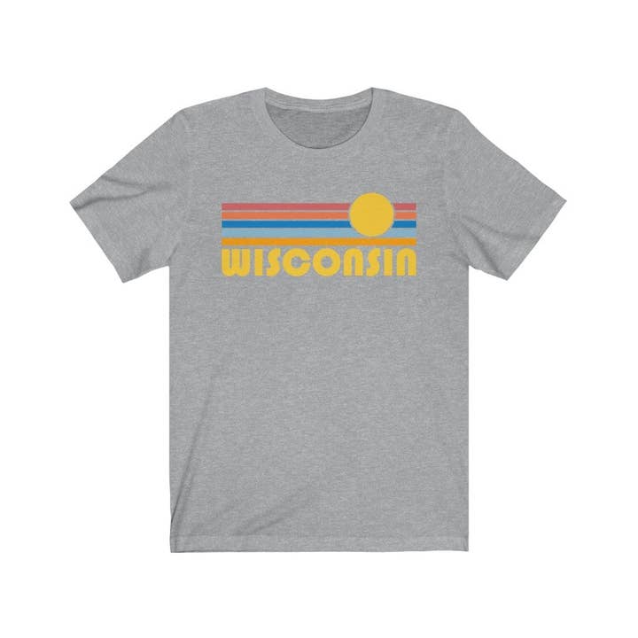 Hey Mountains - Wholesale Screen Printed T-Shirt - Unisex - Wisconsin T Shirt, Retro Sunrise Unisex Graphic Tee