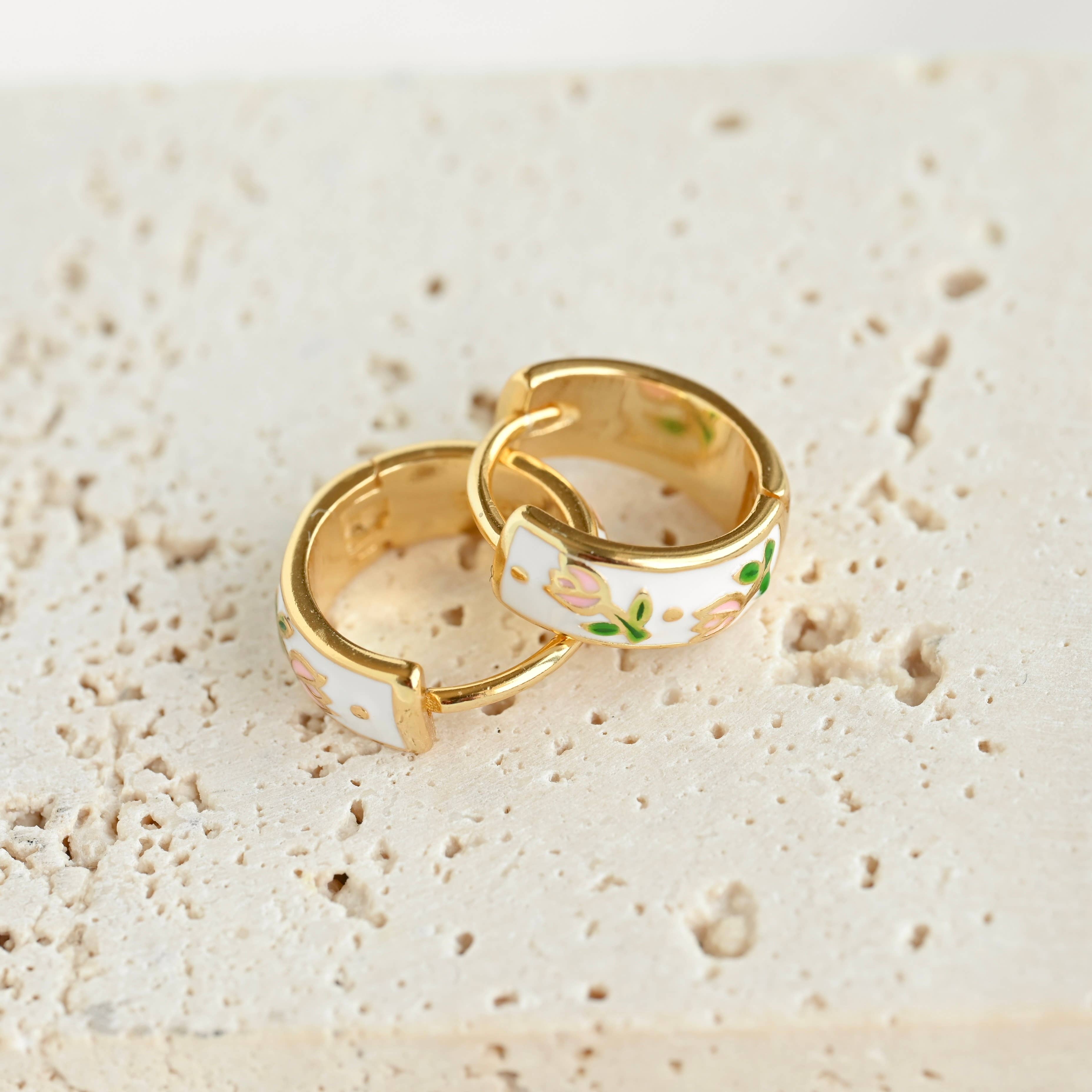 Blueyejewelry - Wholesale Huggie Earrings - Gold Enamel Flower Hoop Earrings-Vintage Style Silver Hoops7