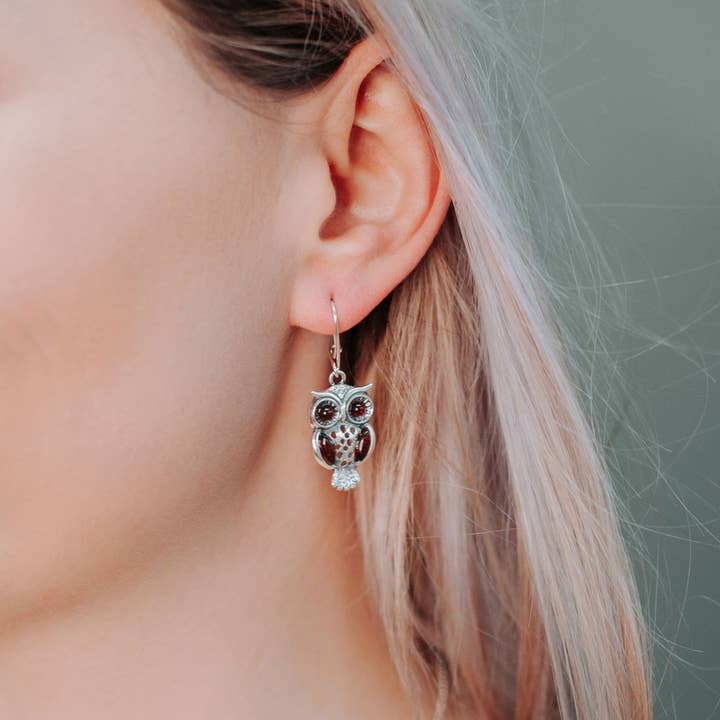 Vintage Owl Amber Earrings Amber Silver Owl Earrings for wholesale by Marcin Waryszak