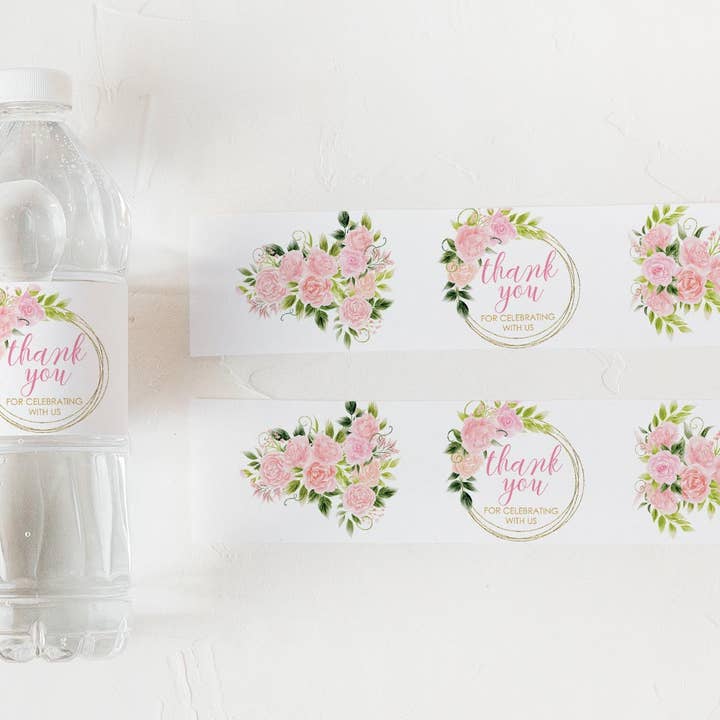 Water bottle labels Wedding favors pink floral for wholesale by Digitaldoodlebug