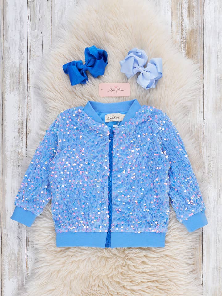 Marie Nicole Clothing - Wholesale Bomber Jacket - Kids - Blingy Blue Sequin Velvet Bomber Jacket