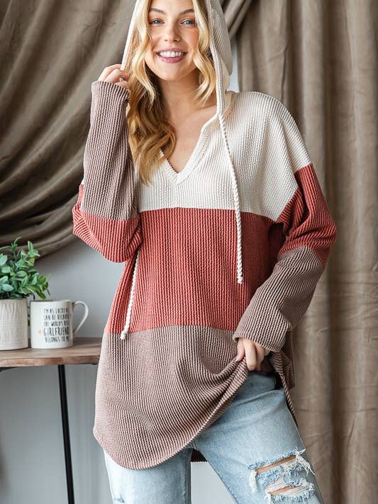 HEIMISH - Wholesale Hoodie - Women's - ET7476-12 SOLID URBAN RIBBED DRAWSTRING HOODIE TOP