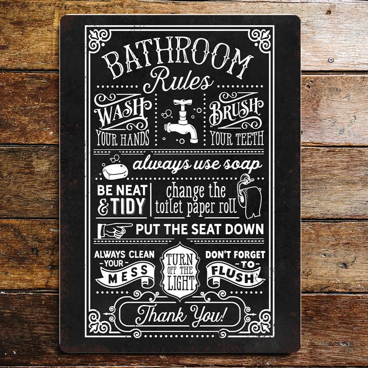 Placa metálica con texto en inglés Bathroom rules para venta al por mayor de The British Metal Signs Company