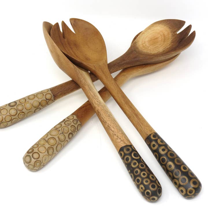 Fair Together - Vendita all'ingrosso Set di posate assortite - Cucchiai per insalata con intarsi in bambù, noce di cocco o cannella9