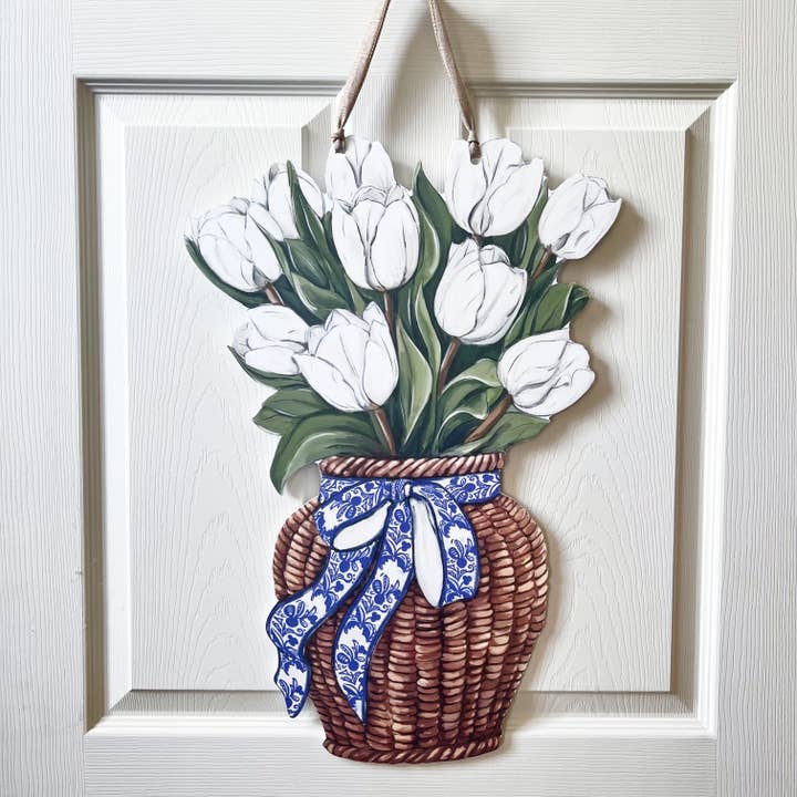 White Tulips Door Hanger-Pretty Floral Spring Flower Basket for wholesale by Home Malone