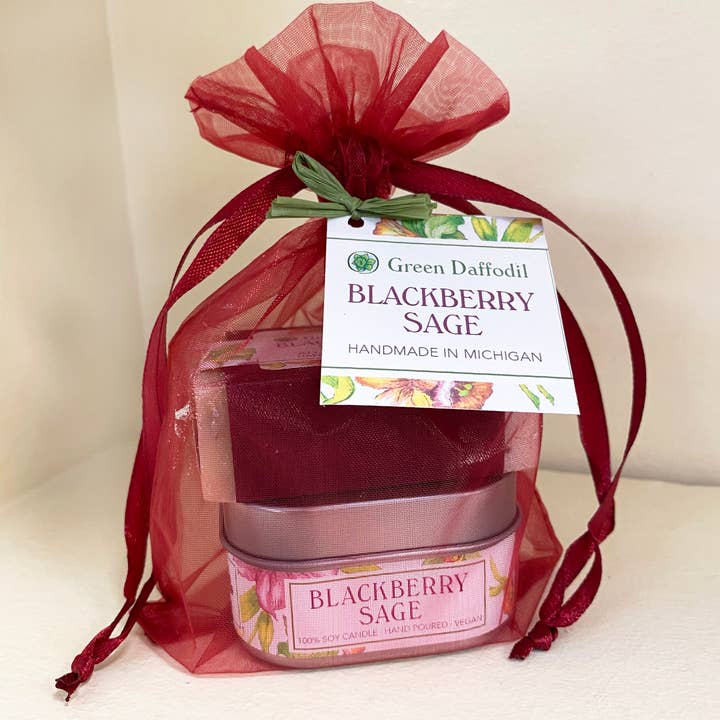 Blackberry Sage Candle & Soap Organdy Gift Set for wholesale by Green Daffodil Bath & Body