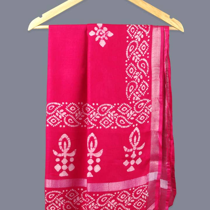 Linen Scarf / Stole with Tussle - Hot Pink White Batik Print for wholesale by Kantha Decor