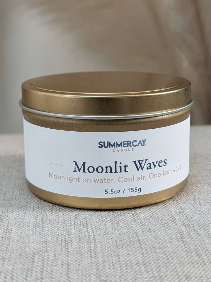 Moonlit Waves | 5.5 oz Gold Tin Soy Candle for wholesale by SummerCay Candle
