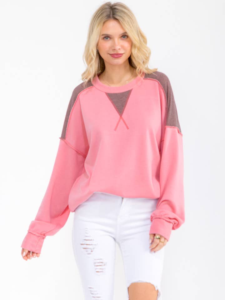 Contrast shoulder V Stitch Pullover Top T6184 for wholesale by 7th Ray