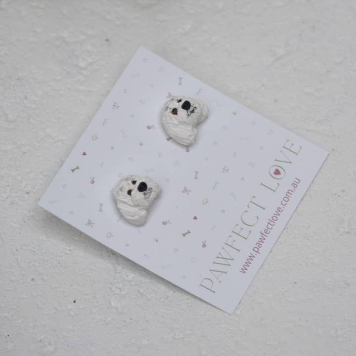 White Poodle Earrings - Handmade Polymer Clay Dog Studs for wholesale by Pawfect Love