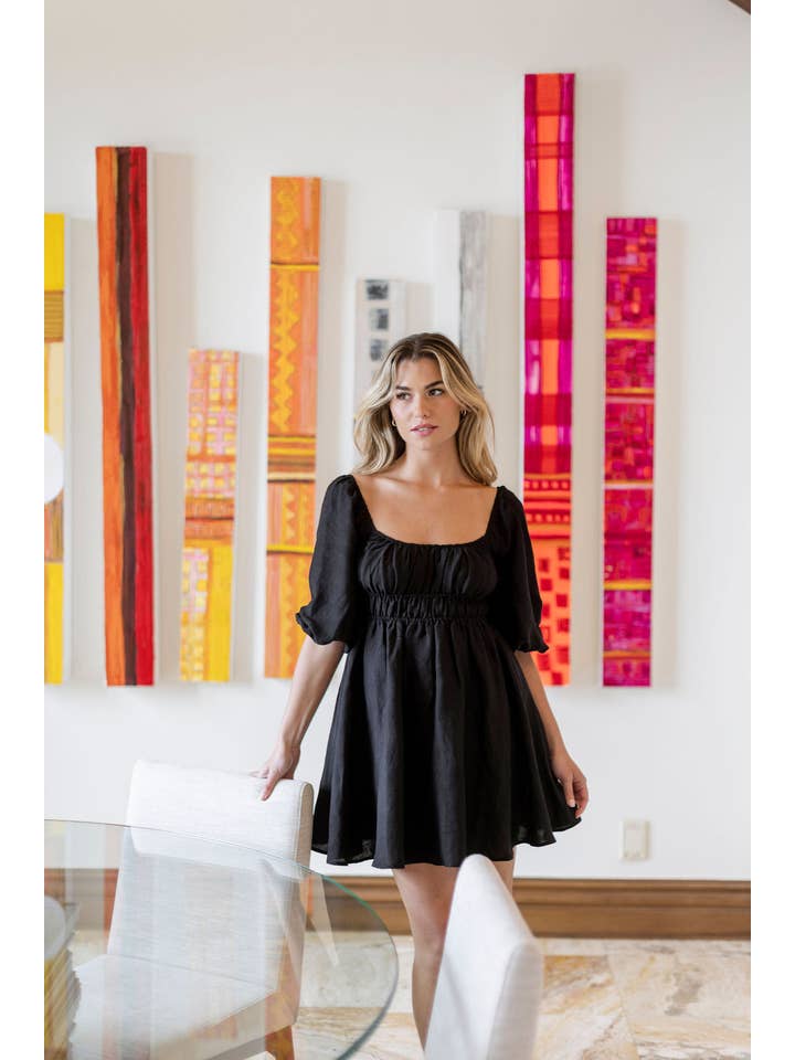 Black Lala Cinched Mini Dress - Leggy Hemline for wholesale on Faire