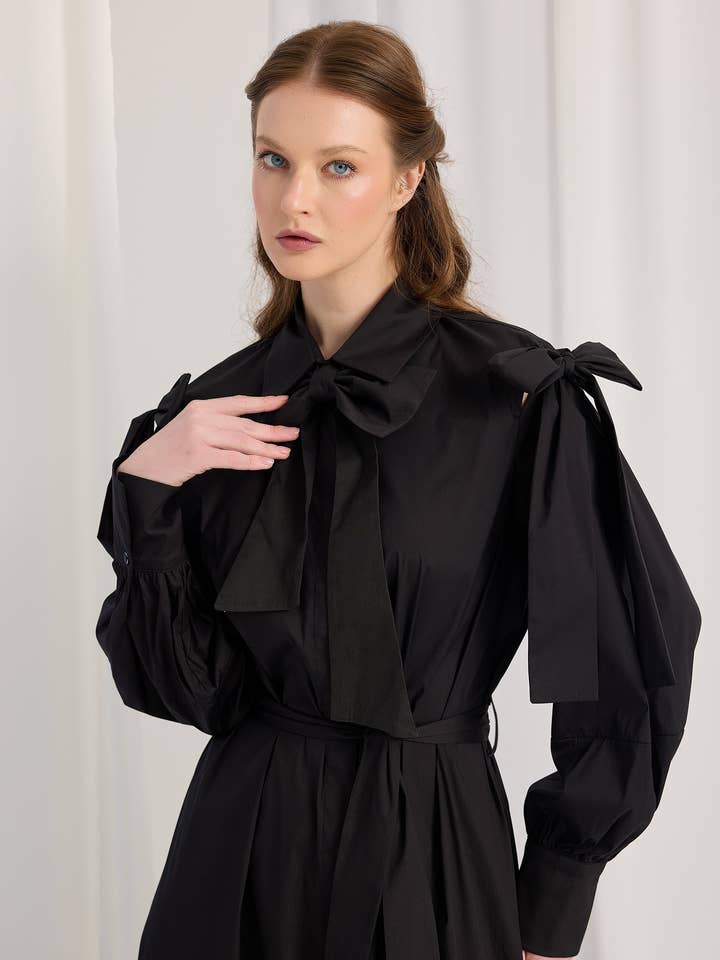 Bow Detailed Black Poplin Cotton Maxi Dress for wholesale by Store WF