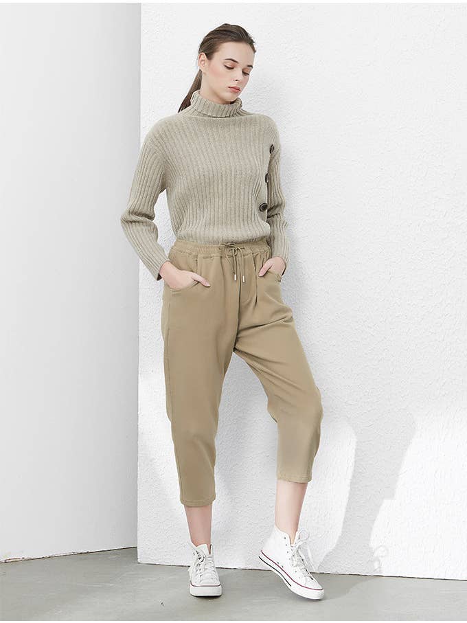 Caqui Pantalones casuales anchos a rayas verticales con cintura elástica con cordón en la cintura, color beige zanahoria de venta al por mayor en Faire6