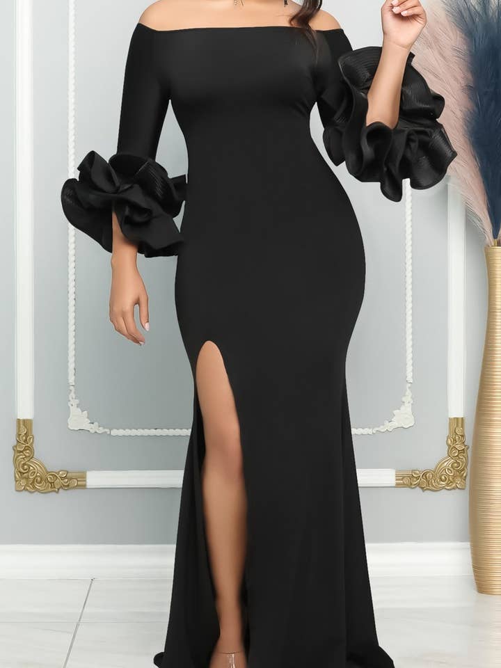 NINEXIS - Wholesale Gown - Women's - CWDMD1729_ONE SHOULDER SLIT RUFFLE SLEEVE EVENING MAXI DRESS