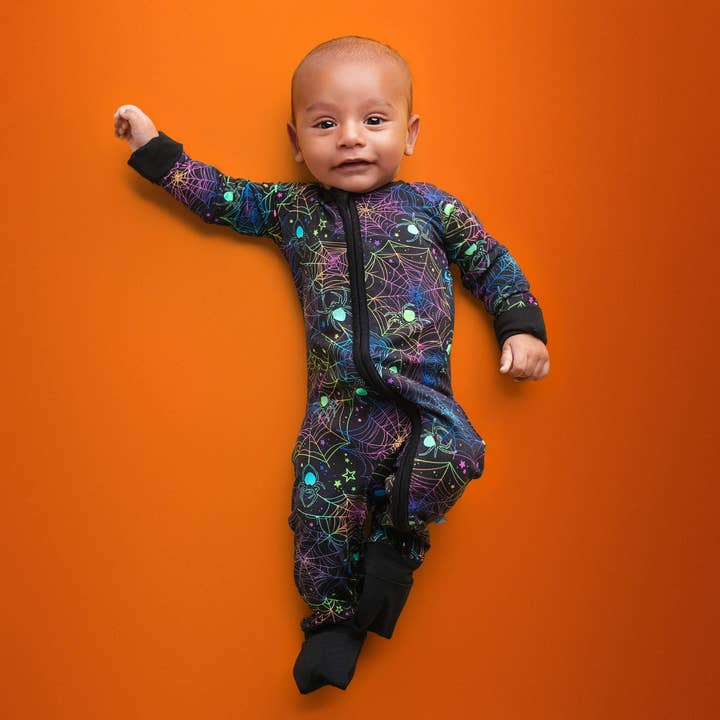 Halloween | Spooky Webs | Convertible Bamboo Zipper Baby Pajamas for wholesale by Little Popp Crew