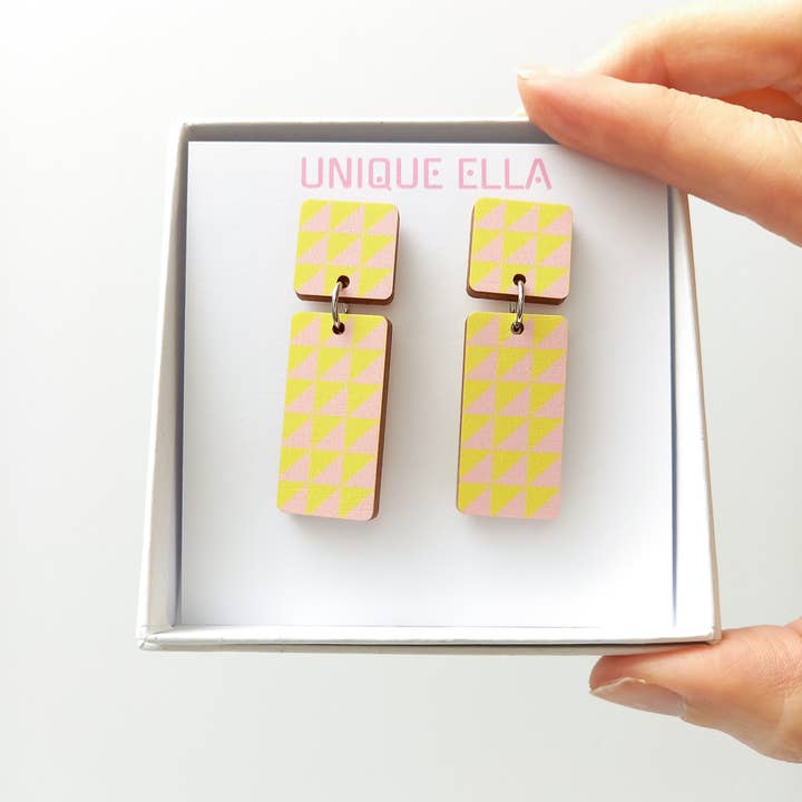 Yellow/Pink Triangle Pattern Wooden Statement Earrings for wholesale by Unique Ella