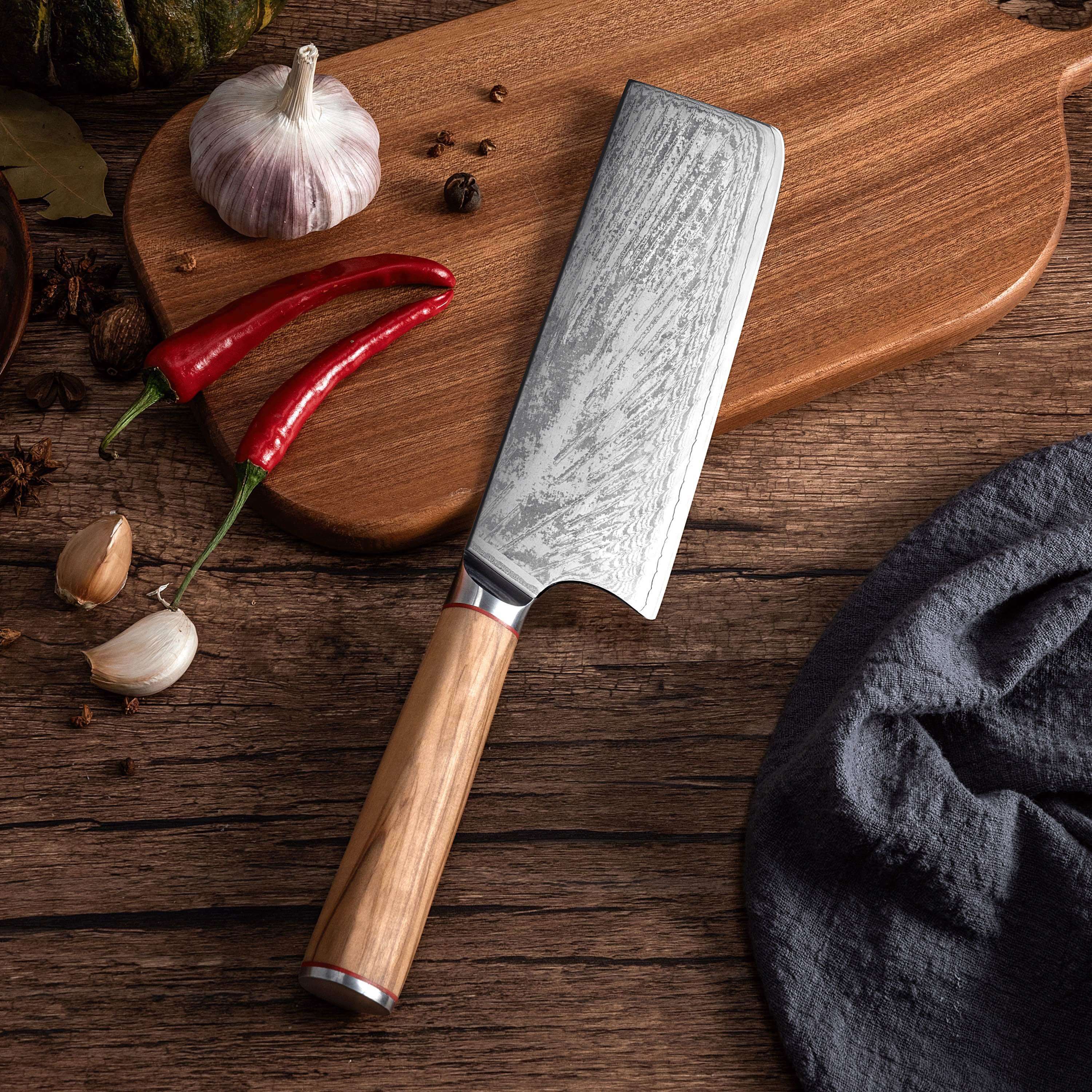 Ginza Steel - Wholesale Kitchen/Utility Knife - MIA X | Cleaver Knife 7" Damascus AUS10 Steel 67 Layer / Olive Wood handle4
