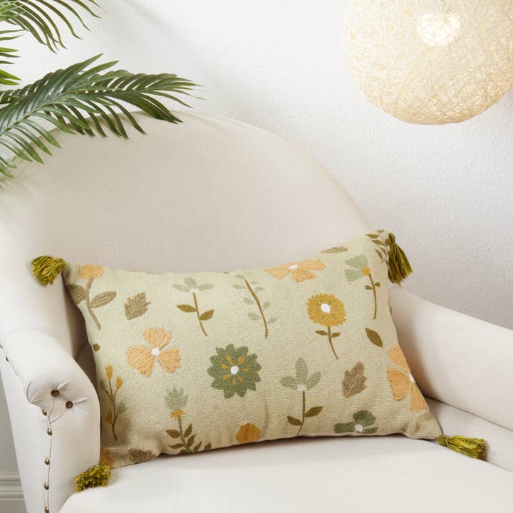 Green Throw Pillow With Embroidered Floral Design for wholesale on Faire