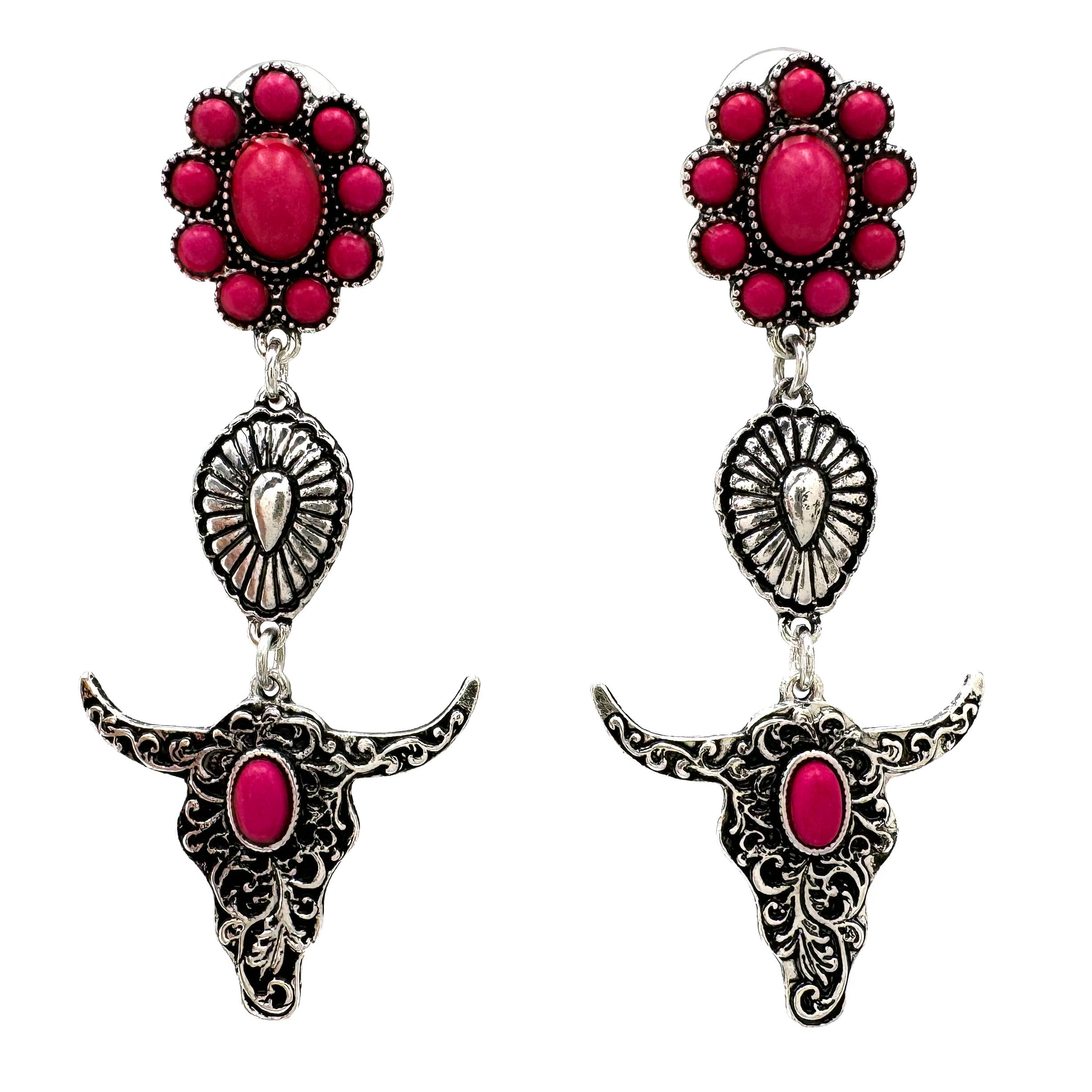 Lunar Deer - Vente Boucles d'oreilles pendantes - Boucles d'oreilles pendantes à trois breloques Bohemian Longhorn Turquoise Navajo0