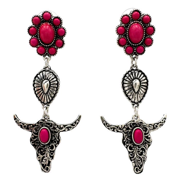 Lunar Deer - Vente Boucles d'oreilles pendantes - Boucles d'oreilles pendantes à trois breloques Bohemian Longhorn Turquoise Navajo