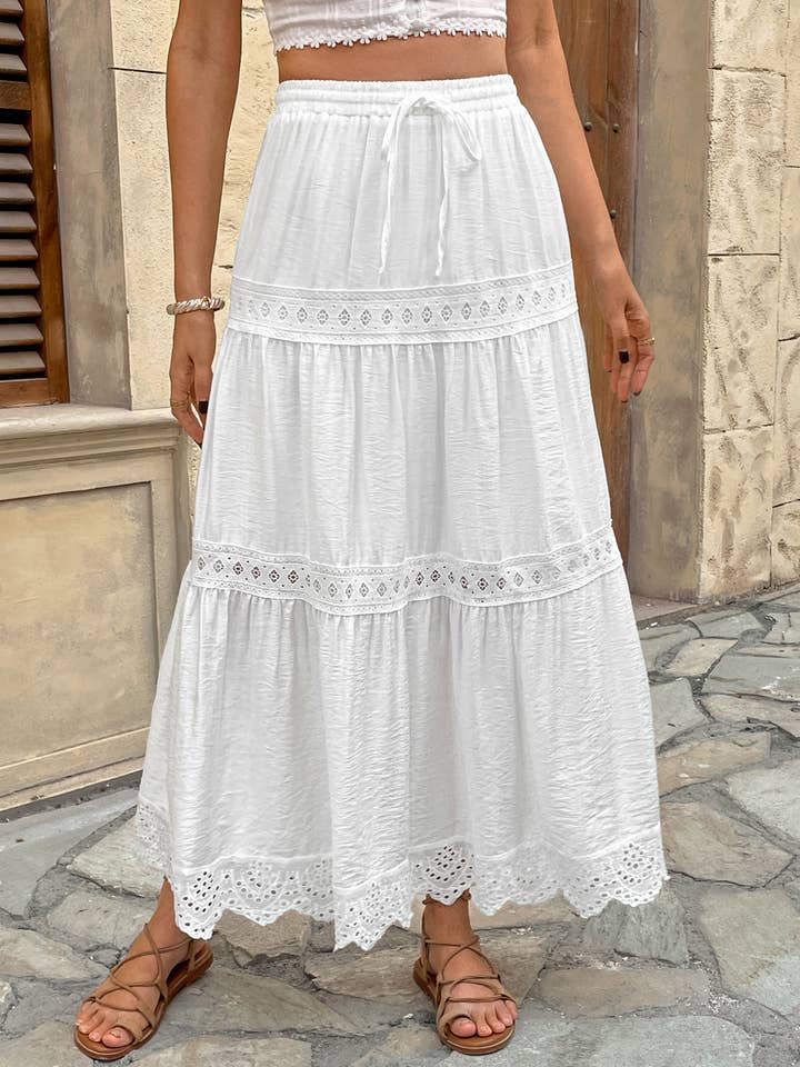 White Tiered Eyelet Lace Maxi Skirt for wholesale by Anna Kaci Wholesale