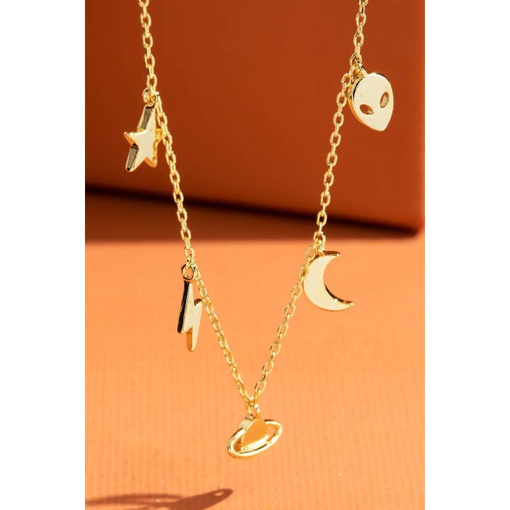 Gold GD Brass Space and Planet Multi Charms Necklace for wholesale on Faire