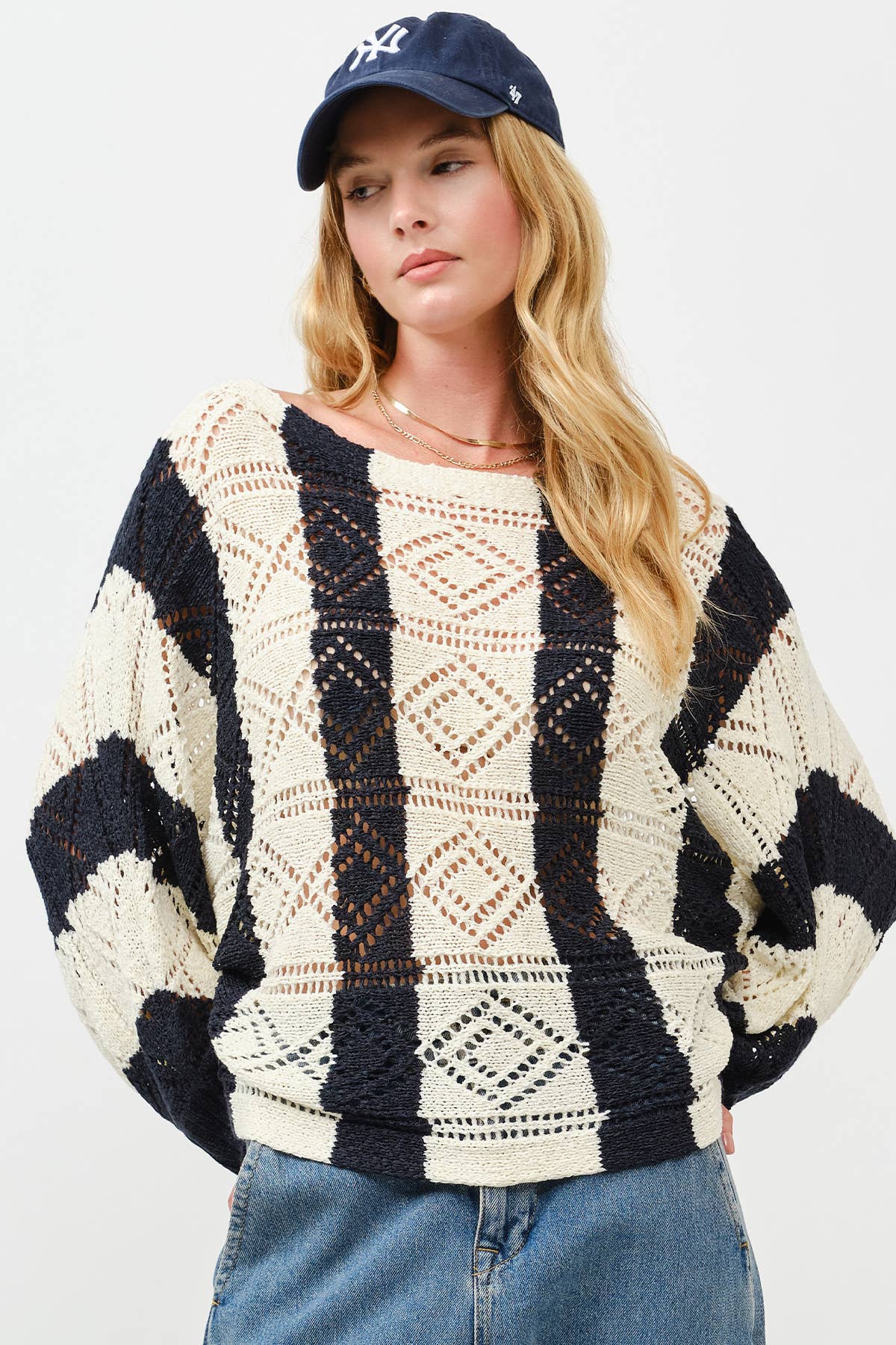 Ivory Navy Open Knit Crochet Sweater for wholesale on Faire0