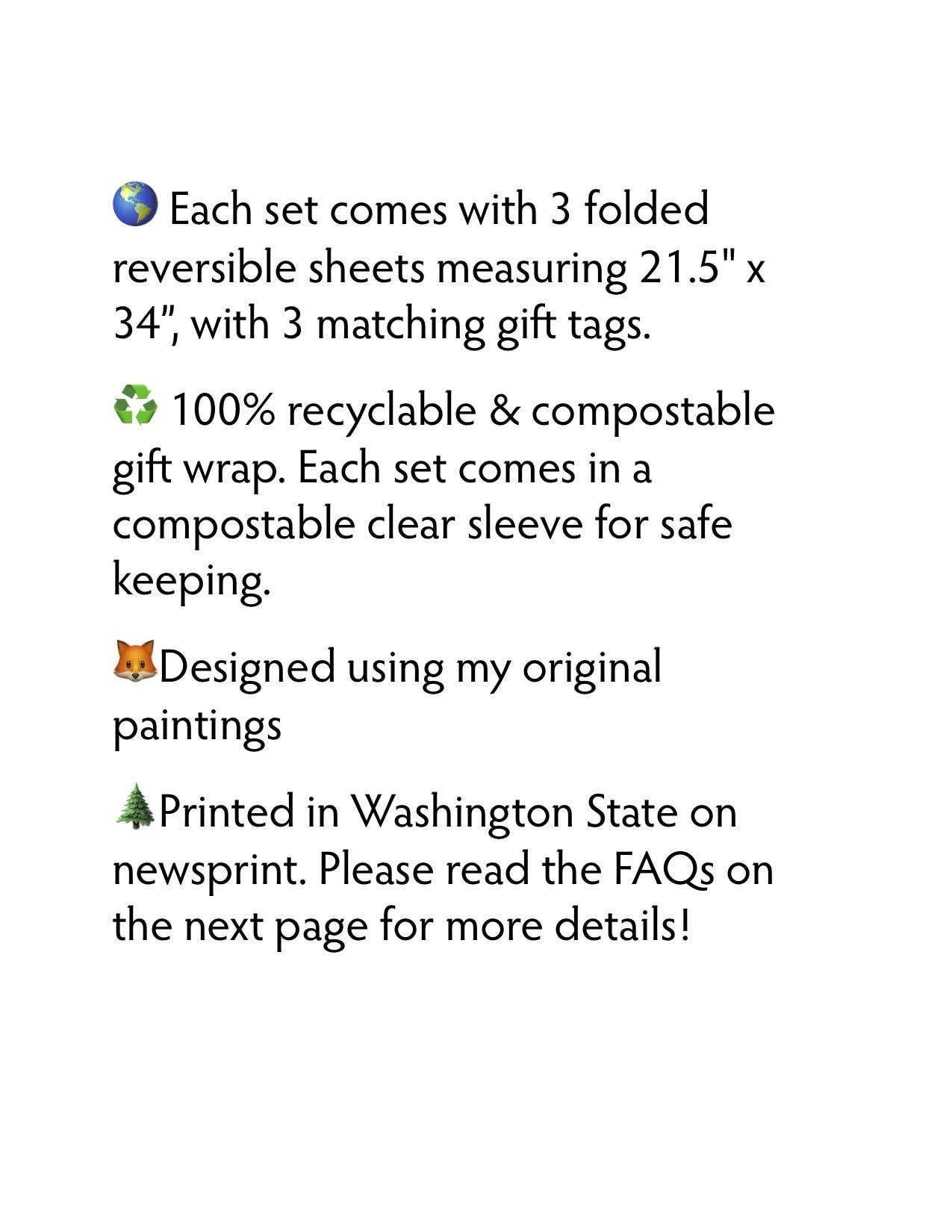 Jahna Vashti - Wholesale Flat Wrap - Eco Gift Wrap / Compostable & Recyclable! / 3 sheets plus gift tags9