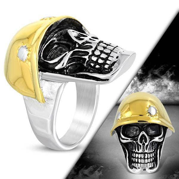 Casco Dorado 'Destructor' con Anillos de Calavera con Agujeros de Bala (#507) para venta al por mayor de SkullJewelry.com