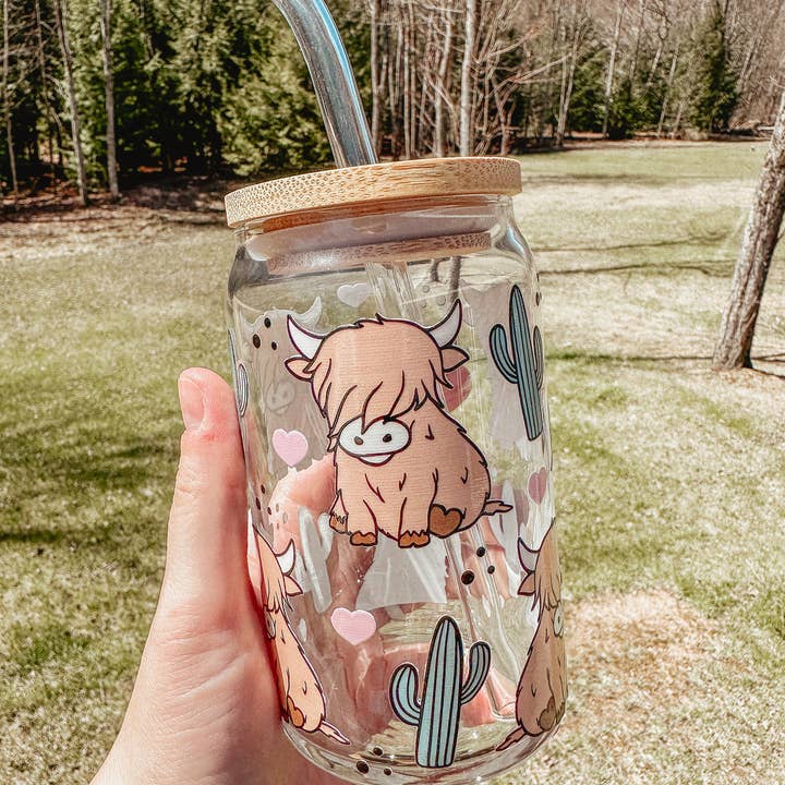 BidwellbyDesign - Wholesale Drinking Glass/Cup - Highland Cow Glass Can Cup