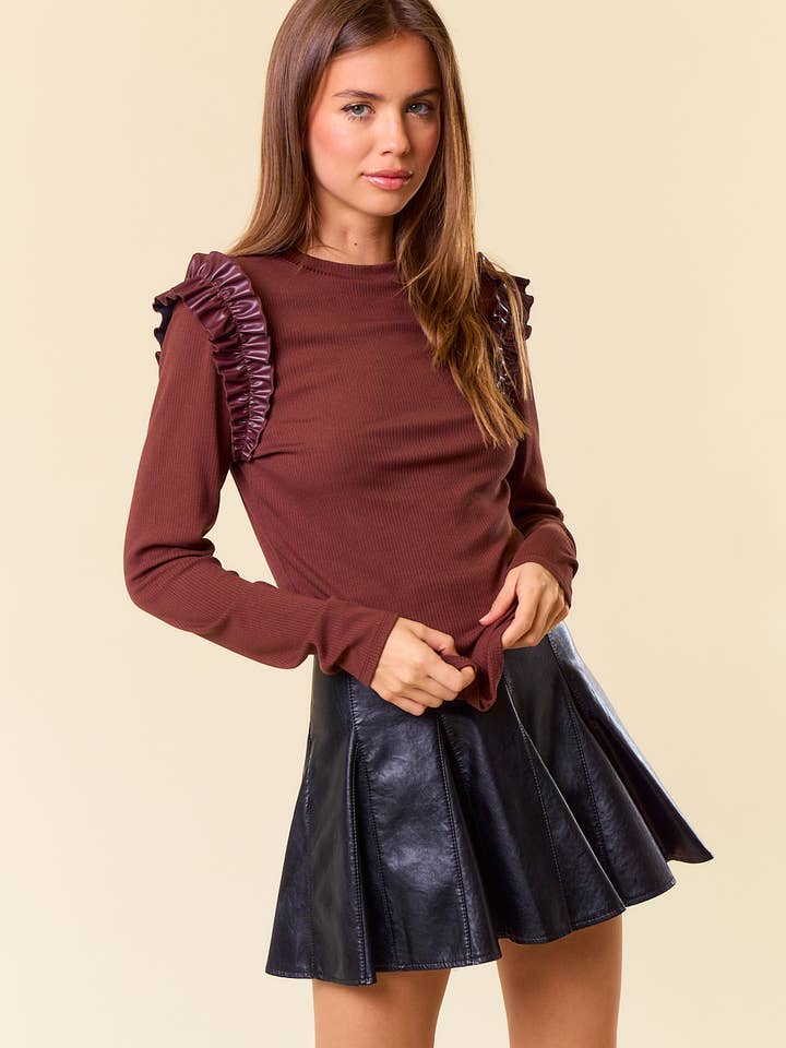 Round Neck PU Ruffle Shoulder Long Sleeve Top - 44677T for wholesale by Doe and Rae