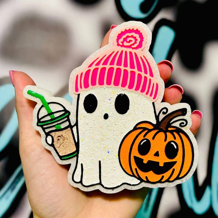 Ghost with Pumpkin & Coffee Car Freshie for wholesale by Rowdy Girl Freshies