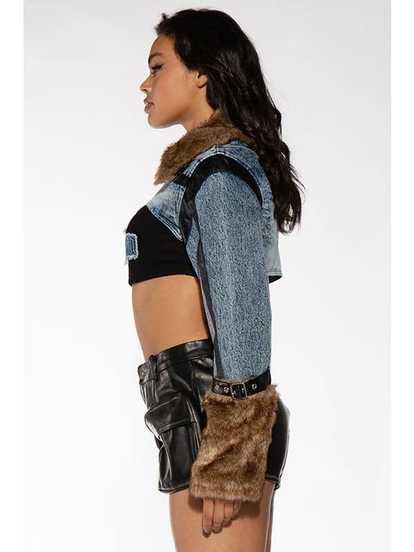 Snow Wash Fur Trimmed Crop Bolero Denim Jean Jacket for wholesale on Faire