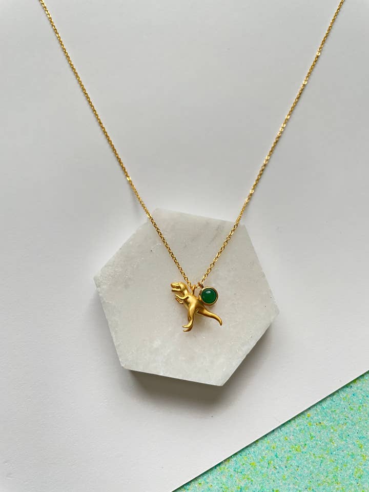 T-Rex Dinosaur Necklace Green Agate Amethyst for wholesale by Qurio Studio