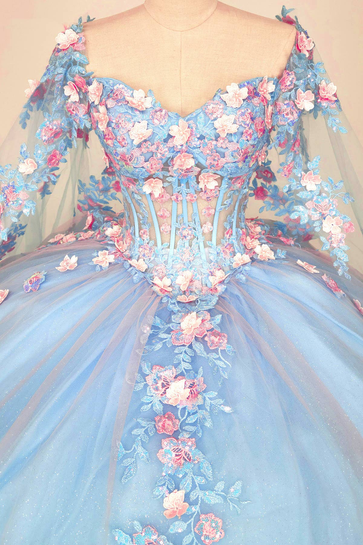 Baby Blue Quinceanera Dress With Pink Flowers and Cape CHF3117 for wholesale on Faire7